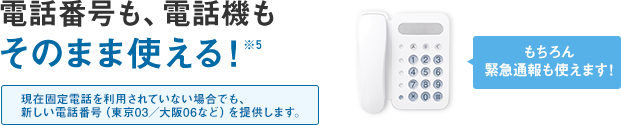 電話番号も、電話機もそのまま使える!※5 現在固定電話を利用されていない場合でも、新しい電話番号(東京03/大阪06など)を提供します。 もちろん緊急通報も使えます!