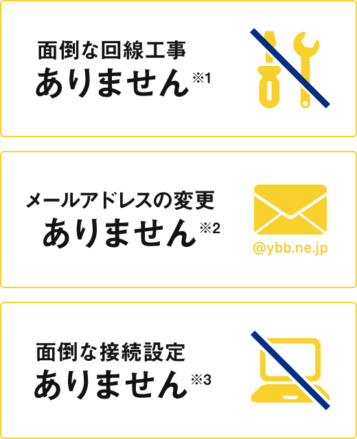面倒な回線工事ありません※1 メールアドレスの変更ありません※2 面倒な接続設定ありません※3