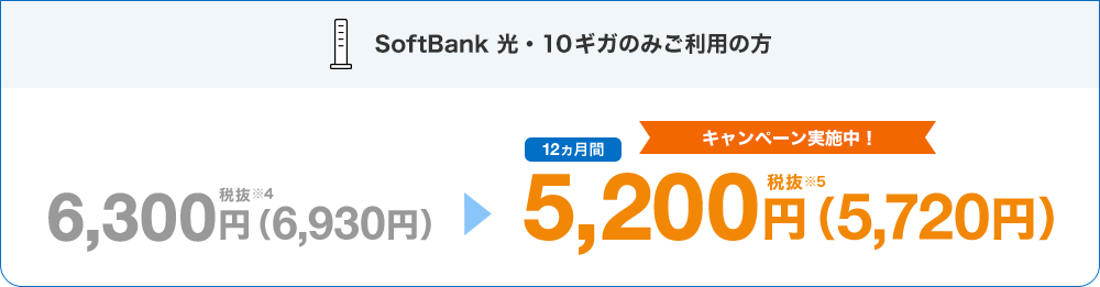 SoftBank 光・10ギガのみご利用の方 キャンペーン実施中！ 6,300円税抜※4（6,930円） 12ヵ月間5,200円税抜※5（5,720円）