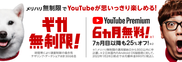 メリハリ無制限でYouTubeが思いっきり楽しめる！ ギガ無制限！ 時間帯により速度制限の場合有 テザリング・データシェアは計30GB迄 YouTube Premium6カ月無料！ 7ヵ月目以降も25%オフ！ 日本国内のAndroid OS版価格に対して。2022年4月5日時点では月額料金880円（税込）。