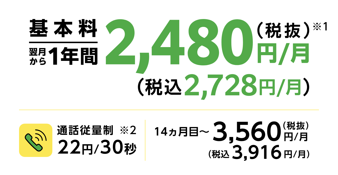 基本料翌月から1年間2,480円/月(税抜) (税抜2,728円/月) 通話従量制 22円/30秒 14ヶ月目~ 3,560円/月(税抜) (税込3,916円/月)