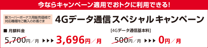 今ならキャンペーン適用でおトクに利用できる! 新スーパーボーナス用販売価格で対応機種をご購入のお客さま 4Gデータ通信スペシャルキャンペーン ■月額料金 5,700円／月→3,696円／月 [4Gデータ通信基本料] 500円／月→0円／月