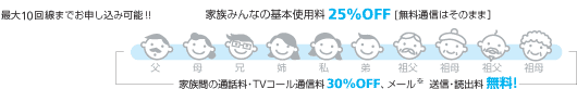 最大10回線までお申し込み可能！！　家族みんなの基本使用料25％OFF[無料通信はそのまま]