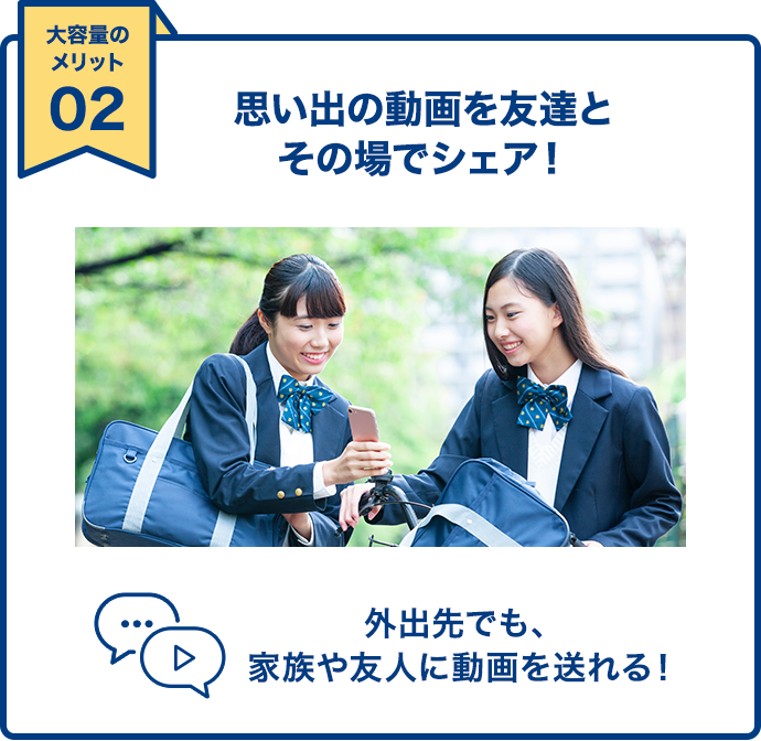 大容量のメリット02 思い出の動画を友達とその場でシェア！ 外出先でも、家族や友人に動画を送れる！