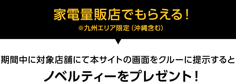 家電量販店でもらえる!※九州エリア限定(沖縄含む)期間中に対象店舗にて本サイトの画面をクルーに提示するとノベルティをプレゼント!
