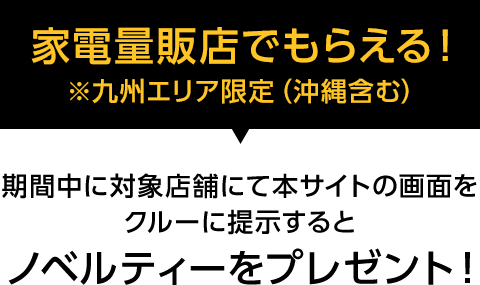 家電量販店でもらえる!※九州エリア限定(沖縄含む)期間中に対象店舗にて本サイトの画面をクルーに提示するとノベルティをプレゼント!